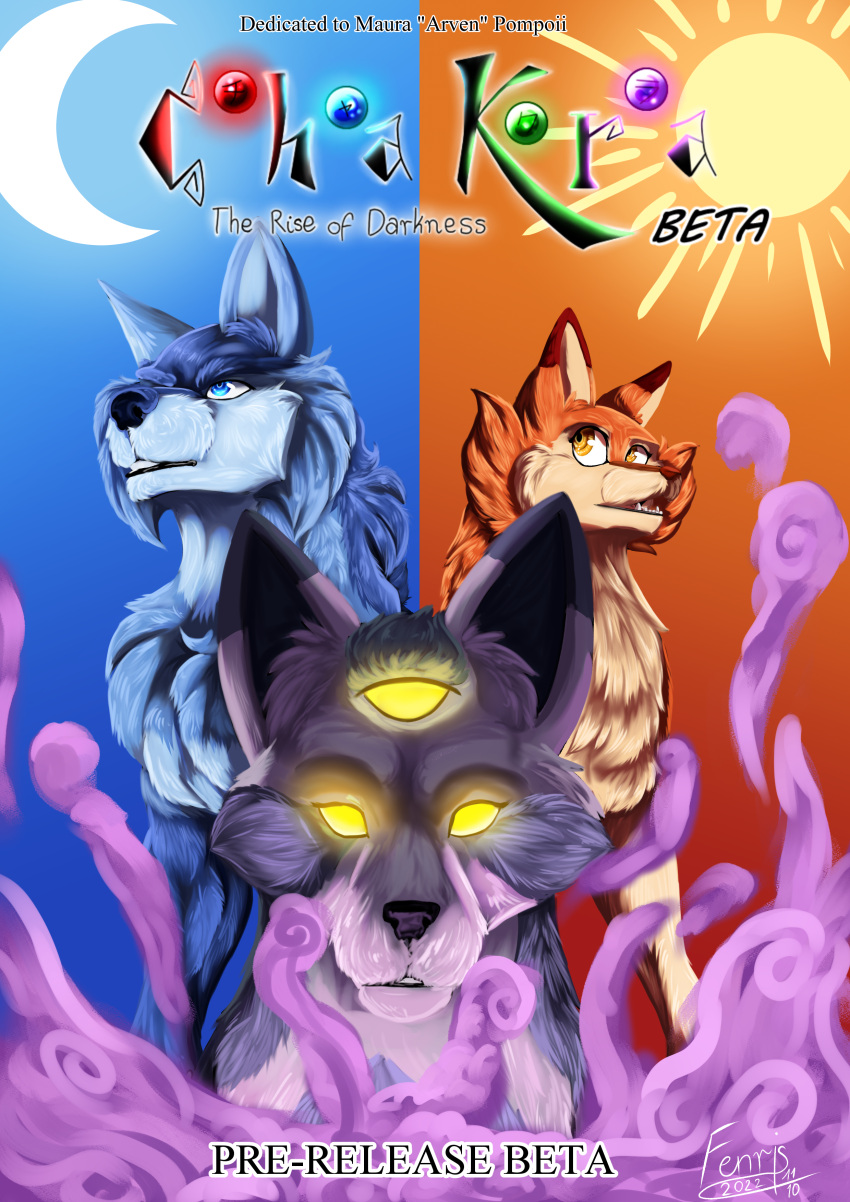 2d_(artwork) 3_eyes absurd_res arven92_(artist) brush canid canine canis detailed_shading english_text female fenris64 feral glistening glistening_eyes group hi_res highlights_(coloring) male mammal moon multi_eye poster smoke sun text trio wolf