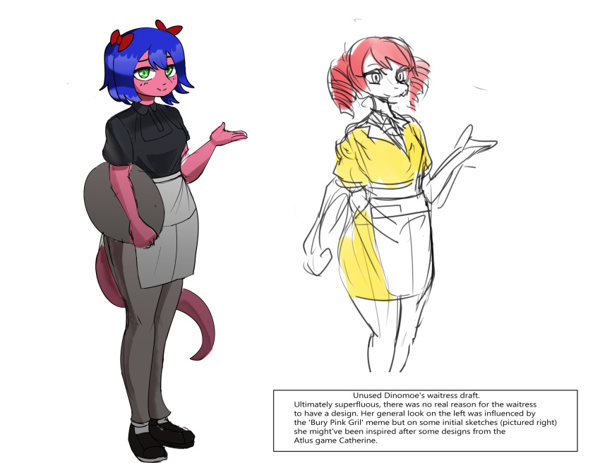 anthro apron blue_hair bow_accessory catherine_(video_game) cavemanon clothed clothing concept_art duo english_text female hair hi_res humanoid long_tail looking_at_viewer pink_body red_hair reptile scalie short_hair simple_background sketch snoot_game_(fan_game) standing text video_games waiter waiter_tray waitress_uniform white_background