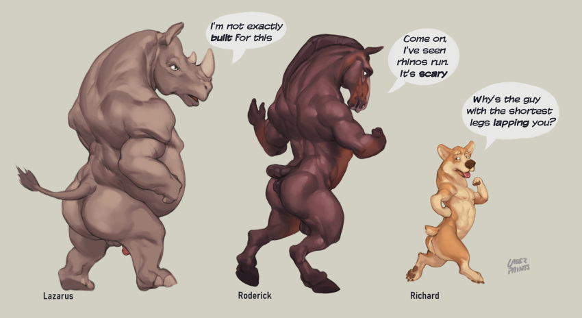 anthro balls belly big_belly brown_anus brown_balls brown_body canid canine canis domestic_dog english_text equid equine equine_anus flaccid foreskin genitals grey_body group hi_res horse humanoid_genitalia humanoid_penis laser_(artist) male mammal muscular muscular_anthro muscular_male nude open_mouth overweight overweight_anthro overweight_male penis red_penis red_tongue rhinocerotoid side_view signature simple_background speech_bubble tan_body text tongue tongue_out trio