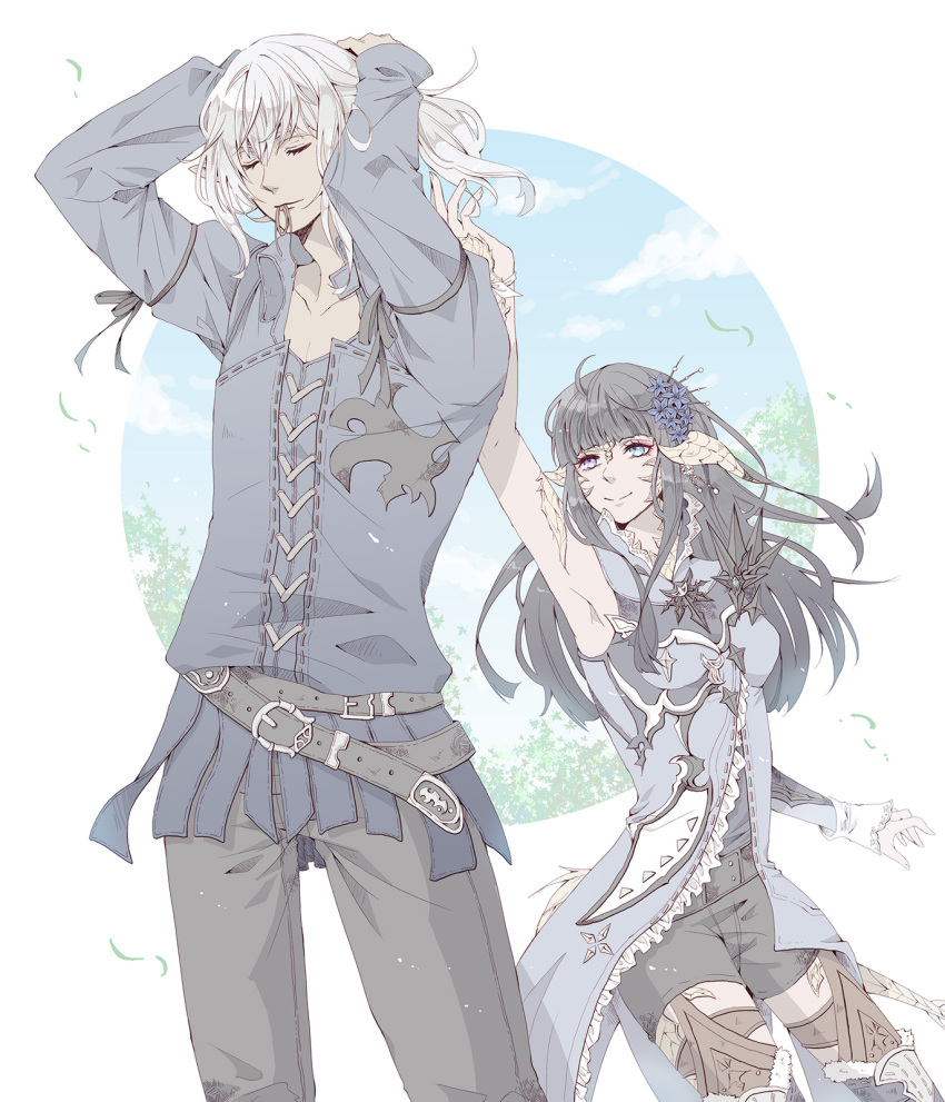 1boy 1girl arm_at_side arm_up armpits arms_behind_head arms_up asymmetrical_sleeves au_ra avatar_(ff14) bangs black_hair blue_eyes blue_flower blunt_bangs closed_eyes closed_mouth coat elezen elf estinien_varlineau final_fantasy final_fantasy_xiv flower grey_hair hair_flower hair_ornament height_difference heterochromia highres horns long_hair looking_at_another mouth_hold muted_color pants pointy_ears purple_eyes scales shirt shorts single_sleeve smile standing tail tying_hair uneven_sleeves yuzuriko_red