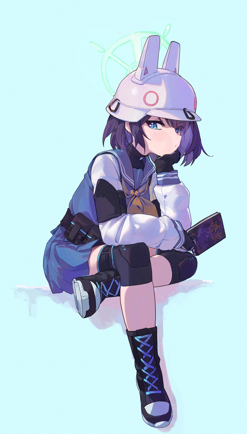 1girl absurdres aqua_background bangs black_footwear black_gloves blue_archive blue_eyes blue_skirt blush book boots closed_mouth cross-laced_footwear full_body gloves halo head_rest helmet highres holding holding_book ikky knee_pads lace-up_boots long_sleeves neckerchief purple_hair sailor_collar saki_(blue_archive) school_uniform serafuku short_hair simple_background sitting skirt solo white_helmet yellow_neckerchief