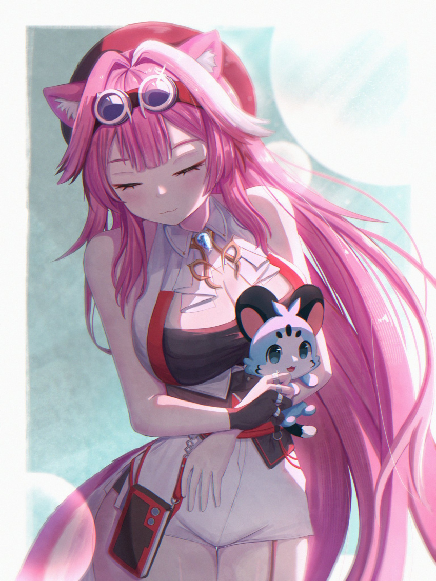 1girl animal_ears ascot bare_shoulders beret black_gloves black_hat blue_background blue_gemstone blush breasts chattino_(raora_panthera) cleavage closed_eyes closed_mouth collared_shirt commentary eyeshadow garter_straps gem glint gloves goggles goggles_on_head hair_intakes half_gloves hashtag-only_commentary hat high-waist_shorts highres hololive hololive_english jewelry large_breasts light_smile long_hair makeup multicolored_hair multiple_rings panther_ears panther_girl panther_tail pink_hair pink_tail raora_panthera raora_panthera_(1st_costume) red_eyeshadow ring shirt shorts single_garter_strap single_glove single_half_glove sleeveless sleeveless_shirt tail thighs two-tone_hair underbust uwagiru virtual_youtuber white_ascot white_shirt white_shorts