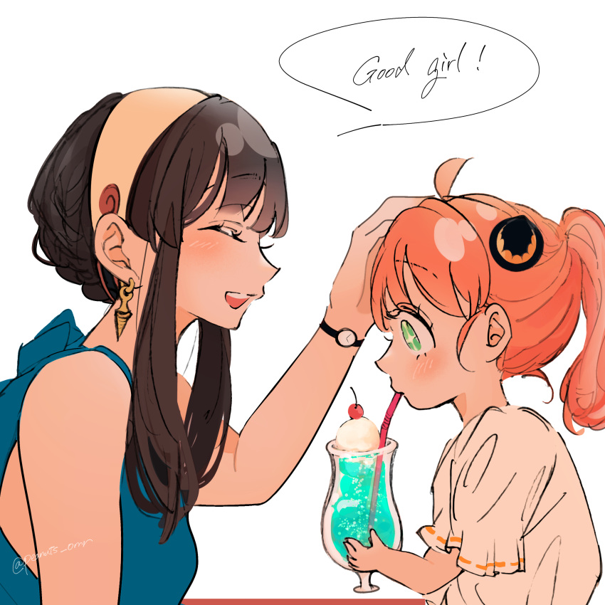 2girls absurdres ahoge alternate_hairstyle anya_(spy_x_family) bangs black_hair blush child closed_eyes drinking_straw earrings english_text female_child food green_eyes hairpods headpat highres ice_cream ice_cream_float jewelry long_hair mother_and_daughter multiple_girls parted_lips peanuts_omr pink_hair ponytail sidelocks sleeveless smile sparkling_eyes spy_x_family watch wristwatch yor_briar