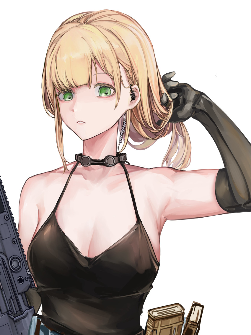 1girl absurdres adjusting_hair ammunition_belt assault_rifle bangs bare_shoulders black_choker black_dress black_gloves blonde_hair breasts choker cleavage collarbone commentary dress earpiece elbow_gloves gloves green_eyes gun highres holding holding_gun holding_weapon lithographica long_hair looking_at_viewer magazine_(weapon) medium_breasts open_mouth original parted_lips rifle solo upper_body weapon weapon_request white_background