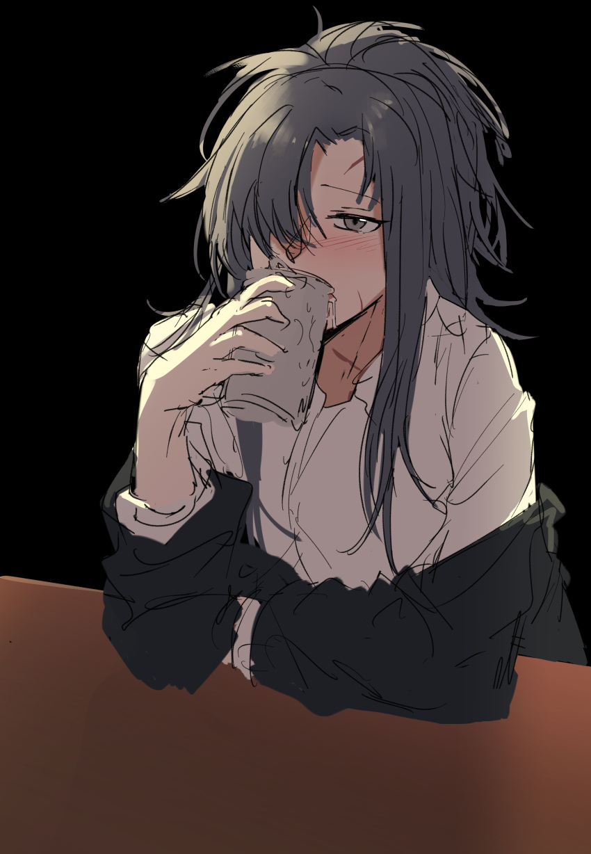 1girl absurdres alcohol angelia_(girls'_frontline) bangs bar_(place) beer black_jacket blush can drink drinking girls'_frontline grey_eyes grey_hair gwangvt hair_over_one_eye highres holding holding_can jacket jacket_pull long_hair long_sleeves looking_away open_mouth scar scar_on_face scar_on_neck shirt simple_background solo upper_body white_shirt