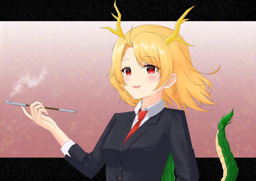 1girl antlers blonde_hair character_request copyright_request dragon_tail formal highres kicchou_yachie okina_0202 red_eyes red_tie smoking_pipe suit tail touhou