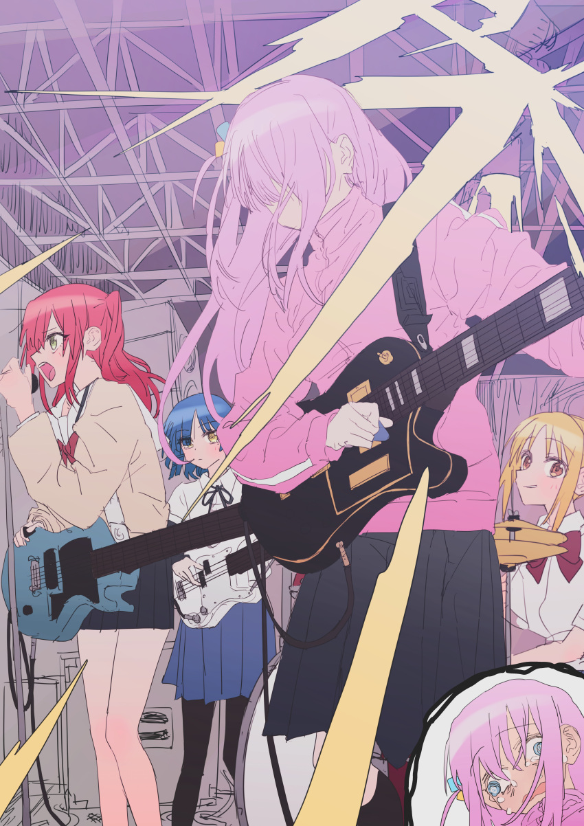 4girls @_@ absurdres bocchi_the_rock! electric_guitar faceless faceless_female gibson_les_paul gotou_hitori guitar highres holding holding_microphone ijichi_nijika instrument kita_ikuyo looking_afar looking_at_another microphone microphone_stand multiple_girls music naga-agan pink_hair playing_instrument plectrum singing snare_drum stage stage_lights teardrop tears yamada_ryou