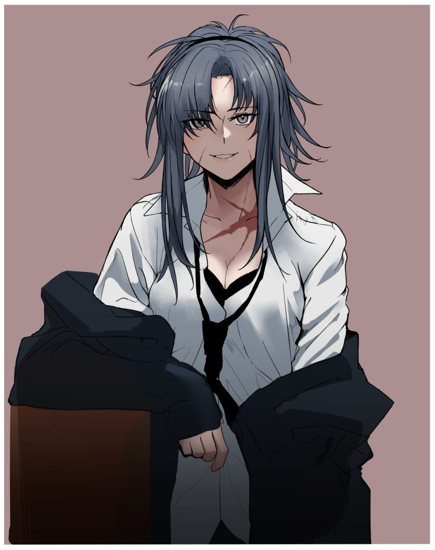 1girl absurdres angelia_(girls'_frontline) bangs black_bra black_jacket black_necktie border bra breasts cleavage collarbone girls'_frontline grey_eyes grey_hair gwangvt highres jacket jacket_pull long_hair long_sleeves looking_at_viewer medium_breasts necktie open_mouth parted_lips scar scar_on_face scar_on_neck shirt simple_background smile solo underwear upper_body white_border white_shirt