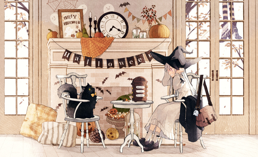 1girl animal bag bangs black_cat black_eyes black_footwear black_headwear bow bowtie branch brick_wall brown_bag bunting candle candlestand cat chair clock dated decorations door dress english_text fireplace fluffy food frilled_socks frills fruit ghost glass_bottle glass_door halloween hand_on_headwear happy_halloween hat hinata_(echoloveloli) indoors jack-o'-lantern jar lantern leaf loafers long_hair looking_at_another messenger_bag on_chair open_mouth original photo_frame pillow plaid plant pumpkin red_eyes removed_jacket roman_numeral shoes shoulder_bag silk sitting socks spider_web squash star_(symbol) string striped table tablecloth teeth vase vertical_stripes wallpaper_(object) whiskers white_dress white_hair white_socks window witch_hat yelllow_sclera yellow_bow yellow_bowtie yellow_eyes