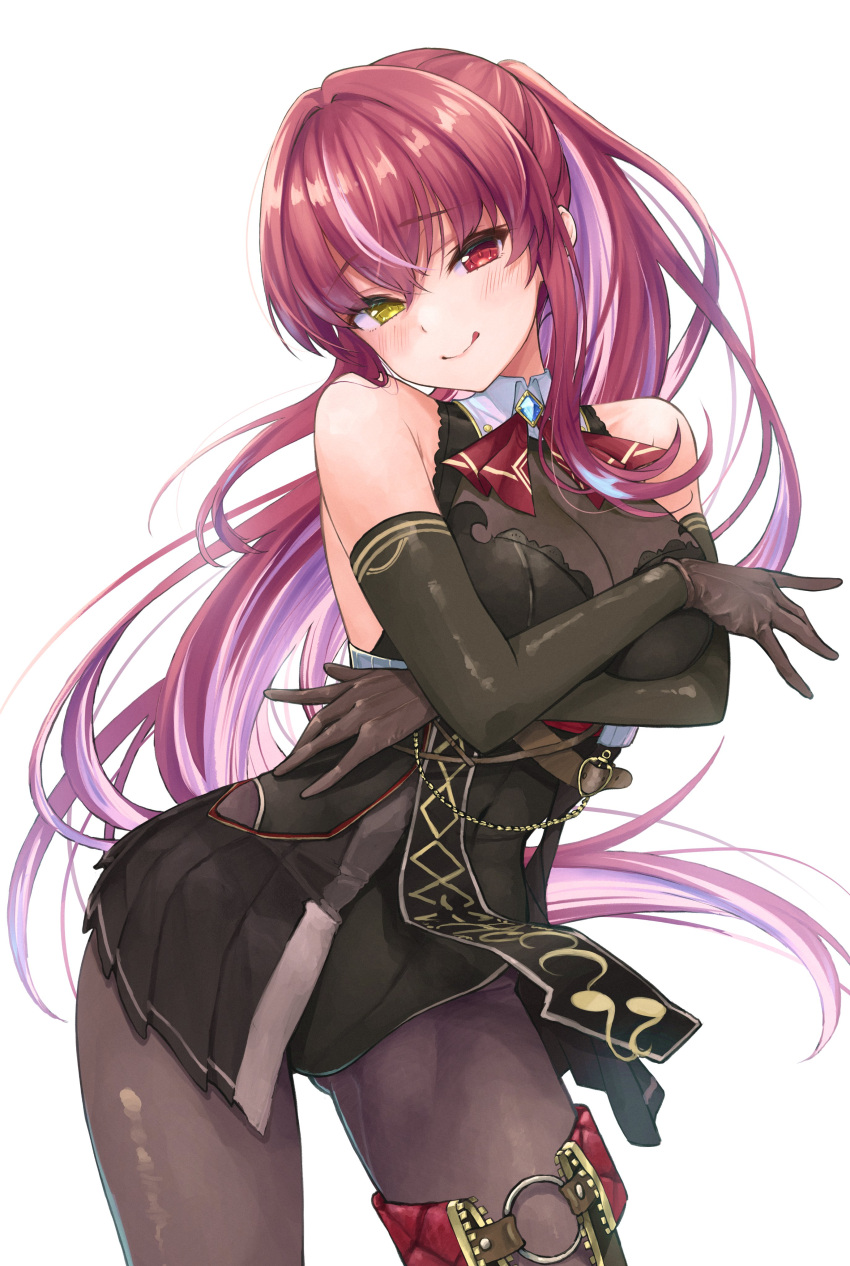 1girl :q absurdres anno_masato bangs black_dress black_gloves black_pantyhose blush breasts cleavage commentary_request cowboy_shot crossed_arms dress elbow_gloves gloves heterochromia highres hololive houshou_marine large_breasts long_hair looking_at_viewer multicolored_hair pantyhose pink_hair ponytail red_eyes red_hair simple_background sleeveless sleeveless_dress smile solo standing tongue tongue_out virtual_youtuber white_background yellow_eyes