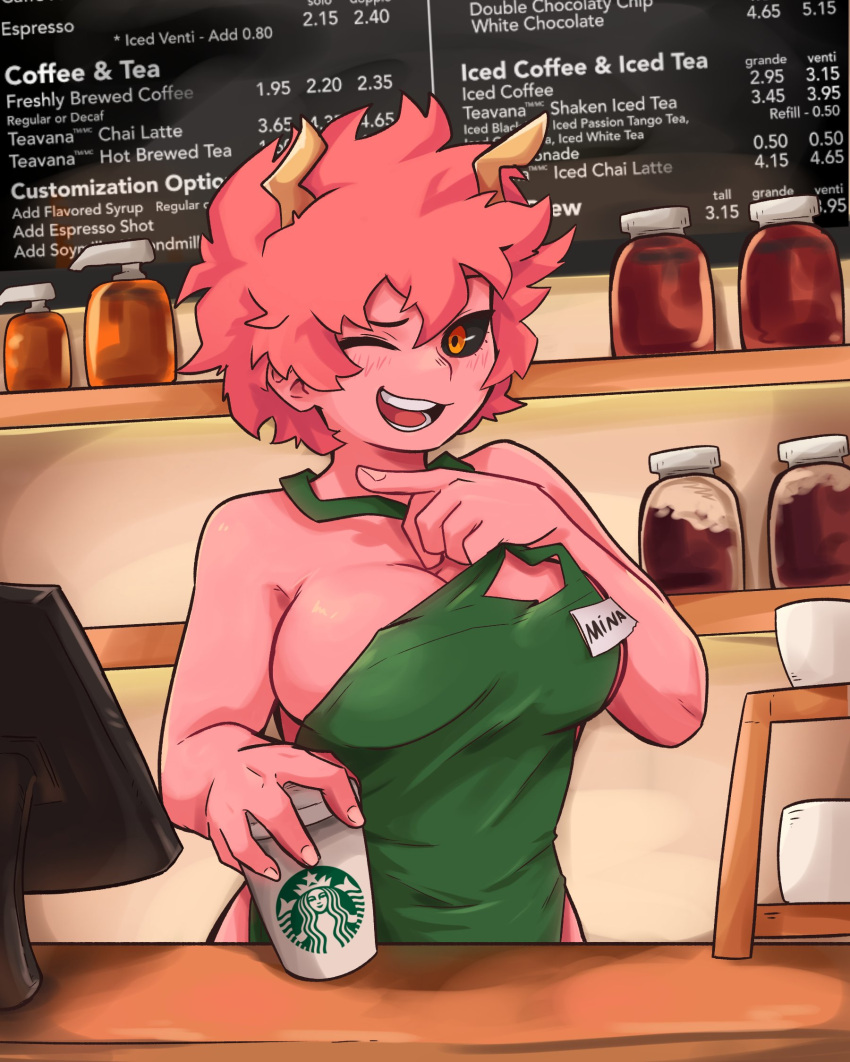 1girl apron ashido_mina boku_no_hero_academia breasts character_name colored_skin dashi highres horns indoors jar naked_apron one_eye_closed open_mouth pink_hair pink_skin solo starbucks teeth