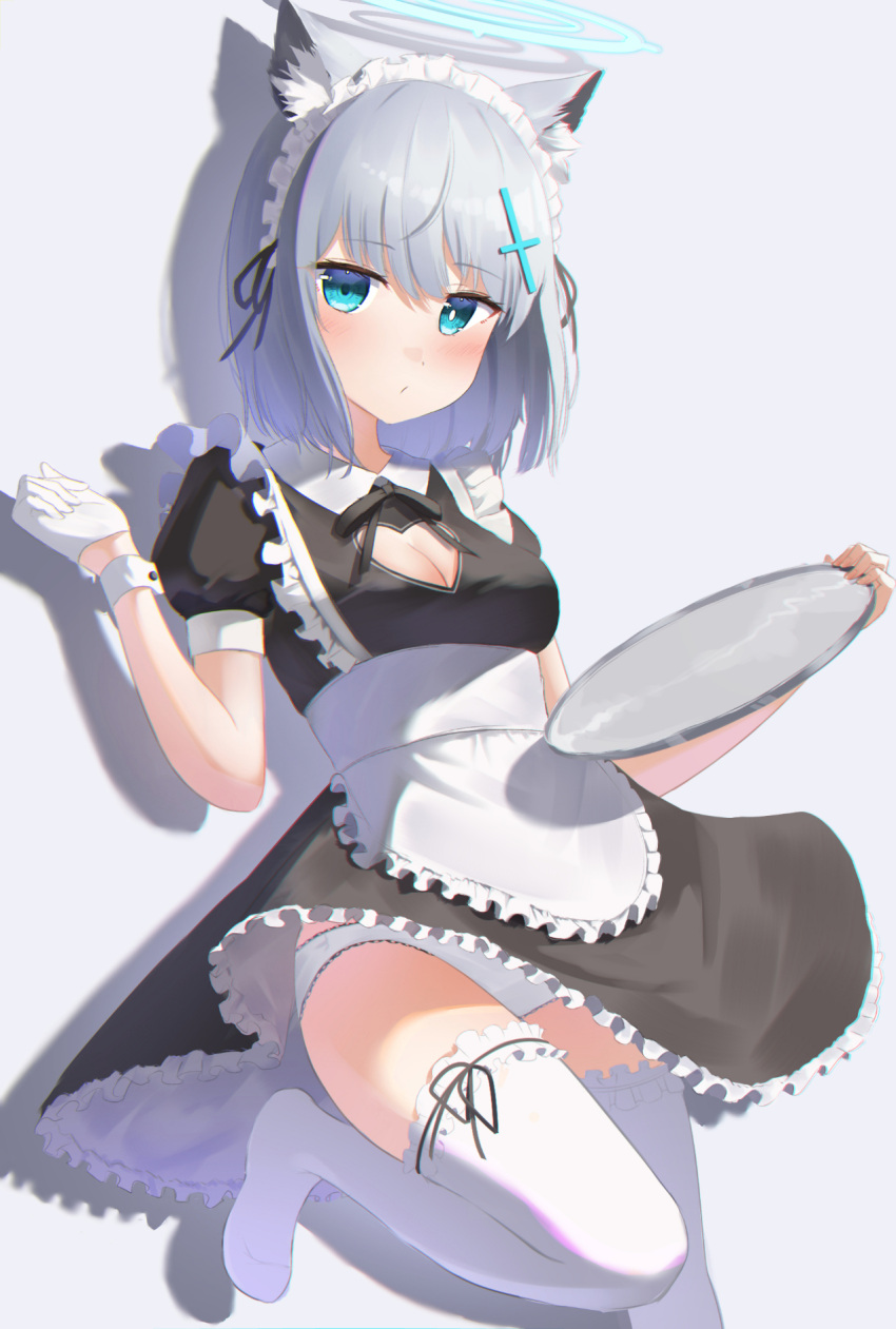 1girl alternate_costume animal_ears apron bangs blue_archive blue_eyes breasts cleavage cleavage_cutout clothing_cutout commentary_request cross_hair_ornament enmaided gloves grey_hair hair_between_eyes hair_ornament halo highres holding holding_tray looking_at_viewer maid maid_apron maid_headdress mismatched_pupils panties pantyshot shiroko_(blue_archive) short_hair short_sleeves sidelocks simple_background single_glove solo standing standing_on_one_leg takeroku thighhighs tray underwear white_background white_gloves white_panties white_thighhighs wolf_ears wolf_girl wrist_cuffs