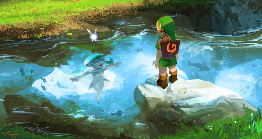 1boy 1girl blonde_hair english_commentary fish grass green_headwear green_tunic jasqreate link looking_at_another navi pointy_ears pond princess_ruto purple_eyes shield smile swimming sword the_legend_of_zelda the_legend_of_zelda:_ocarina_of_time weapon