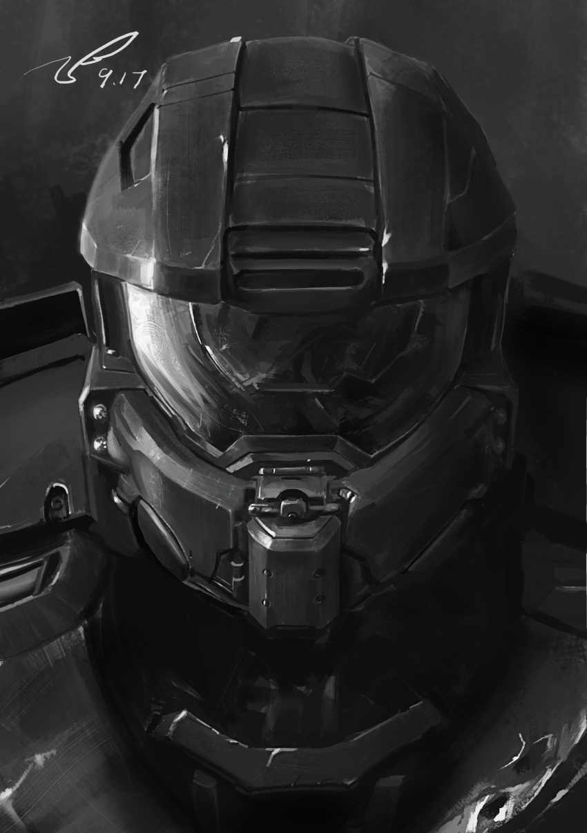 1boy absurdres assault_visor chinese_commentary dated greyscale halo_(series) halo_4 helmet highres male_focus master_chief monochrome ningfei_xu power_armor science_fiction signature solo spartan_(halo)