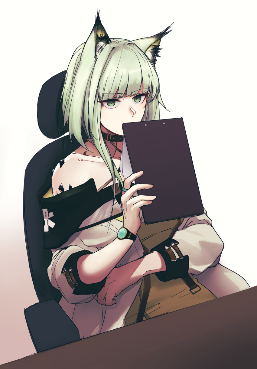 1girl absurdres animal_ear_fluff animal_ears arknights bangs bare_shoulders chair clipboard coat collar covering_mouth dress green_dress green_eyes green_hair gwangvt highres holding holding_clipboard holding_notepad kal'tsit_(arknights) korean_commentary long_hair long_sleeves looking_at_viewer notepad off-shoulder_coat off_shoulder office_chair oripathy_lesion_(arknights) sitting solo star_of_life table upper_body watch white_background white_coat wristband wristwatch