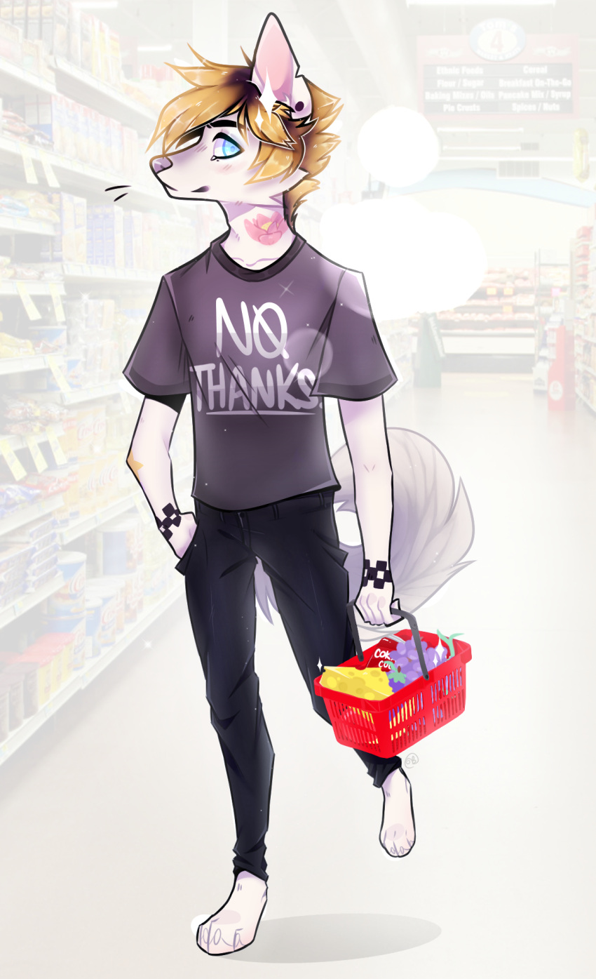 2019 4_toes 5_fingers anthro apple banana basket beverage black_bottomwear black_clothing black_eyebrows black_eyelashes black_jeans black_pants black_spots blonde_hair blue_eyes bottomwear by canid canine canis cheese clothing cola container creative_commons dairy_products denim denim_clothing digital_drawing_(artwork) digital_media_(artwork) domestic_dog ear_tuft eggplant english_text epicfacepowwaa eyebrows facial_tuft facing_right feet fingers flower food fruit grape grey_clothing grey_shirt grey_topwear hair hand_in_pocket handles head_tuft hi_res jeans light_theme looking_at_viewer lotus_(flower) male mammal market mouth_closed neck_tattoo orange_arms pants photo_background pink_flower pink_inner_ear pink_theme plant pockets shaded shadow shirt signature simple_background soda solo sparkles spots step_pose strawberry supermarket t-shirt tail_tuft tattoo text text_on_clothing text_on_shirt text_on_topwear tin_can toes topwear tuft walking white_arms white_background white_ears white_face white_fingers white_hands white_head white_neck white_tail white_tail_tuft white_text