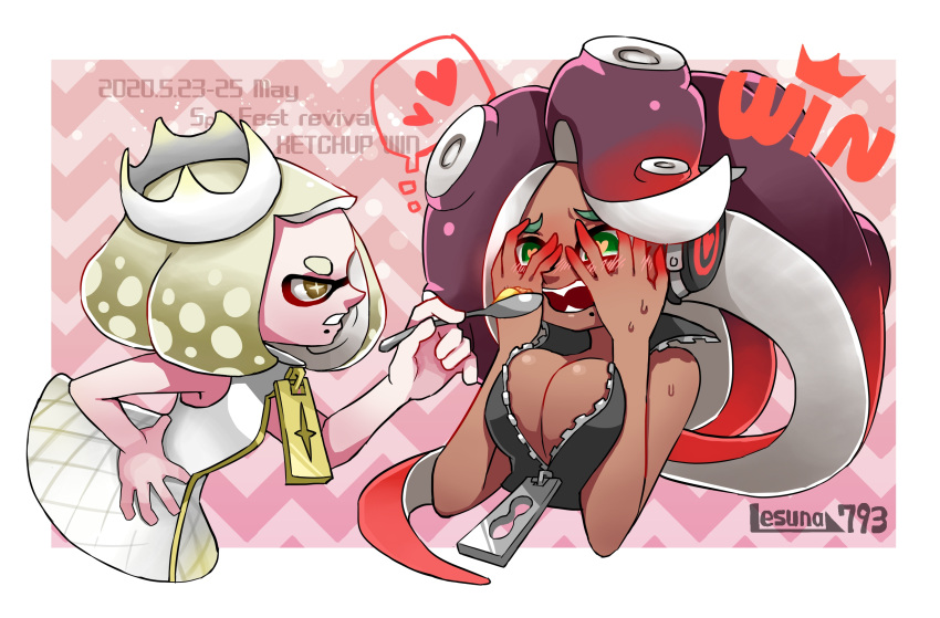 2girls artist_name blonde_hair blush breast_squeeze breasts cleavage covering_face dark-skinned_female dark_skin domino_mask feeding headphones heart highres large_breasts lesuna marina_(splatoon) mask mole mole_under_mouth multiple_girls pearl_(splatoon) red_hair splatoon_(series) splatoon_2 spoon sweat tentacle_hair thought_bubble zipper zipper_pull_tab