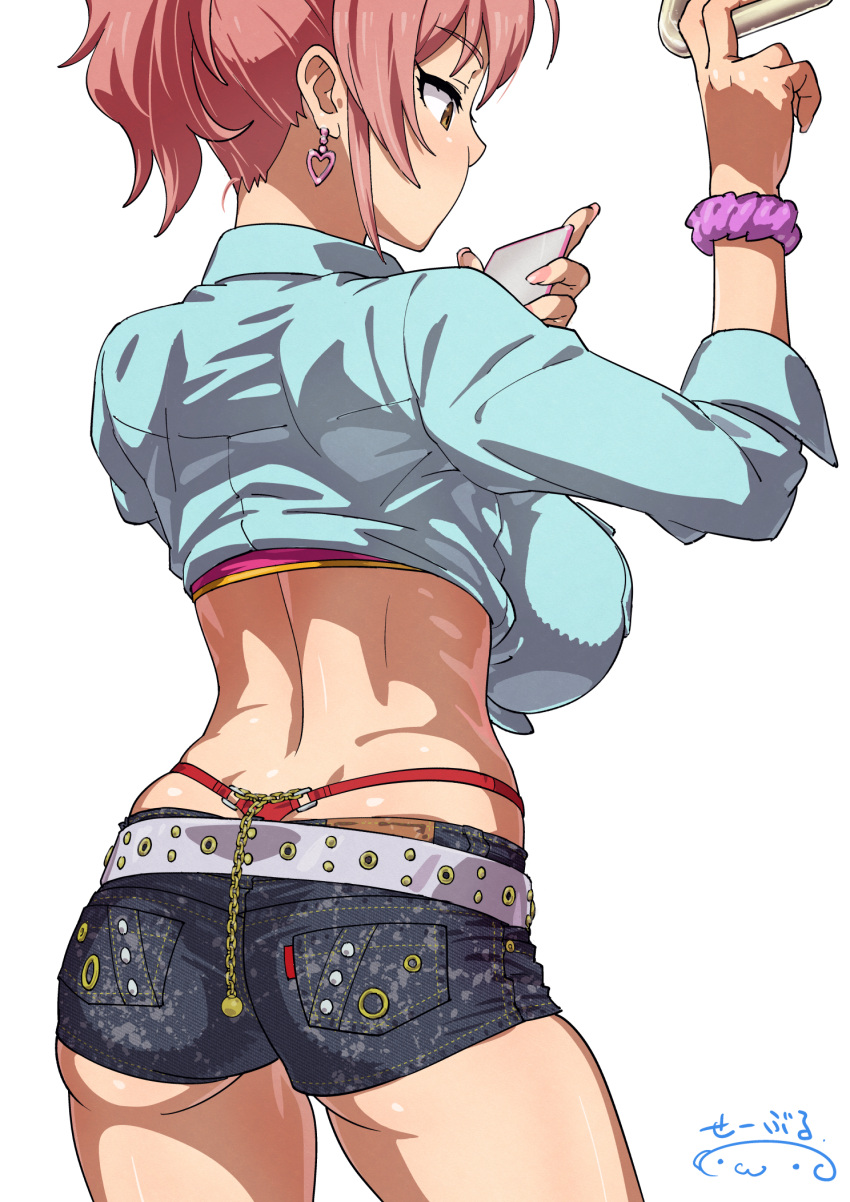 1girl ass belt bow bracelet denim denim_shorts dimples_of_venus earrings from_behind hair_bow highres idolmaster idolmaster_cinderella_girls jewelry jougasaki_mika panties pink_hair ponytail red_panties revision scrunchie short_shorts shorts simple_background solo suna_(sandworks) thong underwear whale_tail_(clothing) white_background wrist_scrunchie