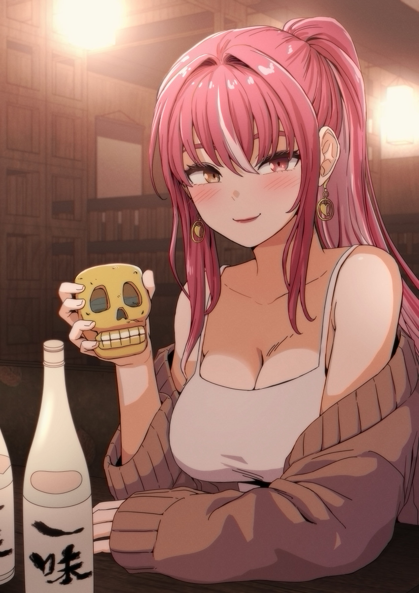 1girl absurdres blush bottle breasts brown_sweater cleavage closed_mouth collarbone cup earrings heterochromia highres holding holding_cup hololive houshou_marine indoors jangmaseason jewelry large_breasts lips long_hair long_sleeves looking_at_viewer multicolored_hair red_eyes red_hair smile solo sweater two-tone_hair virtual_youtuber white_hair yellow_eyes