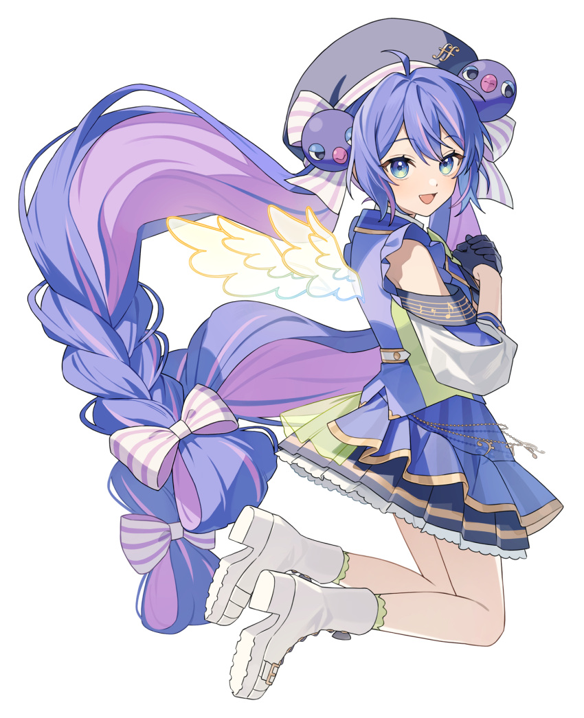 1girl :d absurdly_long_hair ahoge angel_wings ascot bass_clef beret black_ascot black_gloves black_skirt blue_eyes blue_hair blue_jacket blue_overskirt boots bow bowtie braid buttons clothing_cutout collared_shirt colored_inner_hair double-breasted double-parted_bangs eighth_note eighth_rest floating_hair forte_(symbol) fortissimo frilled_skirt frills from_side full_body gloves gradient_wings green_bow green_bowtie green_eyes green_socks hair_bow half_gloves hands_on_own_chest hat hat_ornament hat_ribbon highres jacket jumping kneehighs lapels long_hair looking_at_viewer looking_back low-braided_long_hair low-tied_long_hair mini_wings multicolored_eyes multicolored_hair multicolored_jacket multicolored_wings musical_note musical_note_hat_ornament musical_note_print musical_staff musical_staff_print official_art open_mouth otomachi_una otomachi_una_(sv) overskirt pleated_skirt puffy_sleeves purple_hair purple_streaks quarter_note ribbon second-party_source see-through_overskirt shirt shoulder_cutout sidelocks skirt sleeve_cuffs smile socks solo streaked_hair striped_bow striped_clothes striped_ribbon suiso_sn3 synthesizer_v three-quarter_sleeves transparent_background treble_clef twintails two-tone_eyes two-tone_hair variant_set vertical-striped_clothes very_long_hair white_boots white_bow white_ribbon white_shirt wings