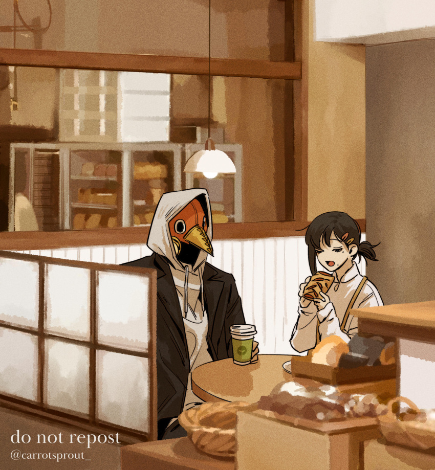 1boy 1girl beak black_hair black_jacket bread carrotsprout chainsaw_man coffee coffee_cup collared_shirt cup disposable_cup dress food grey_hoodie higashiyama_kobeni highres holding holding_food hood hoodie imminent_bite jacket mole mole_under_eye mole_under_mouth multiple_moles one_eye_closed open_mouth pinafore_dress plague_doctor_mask shirt short_hair short_ponytail single_sidelock violence_devil_(chainsaw_man) white_shirt