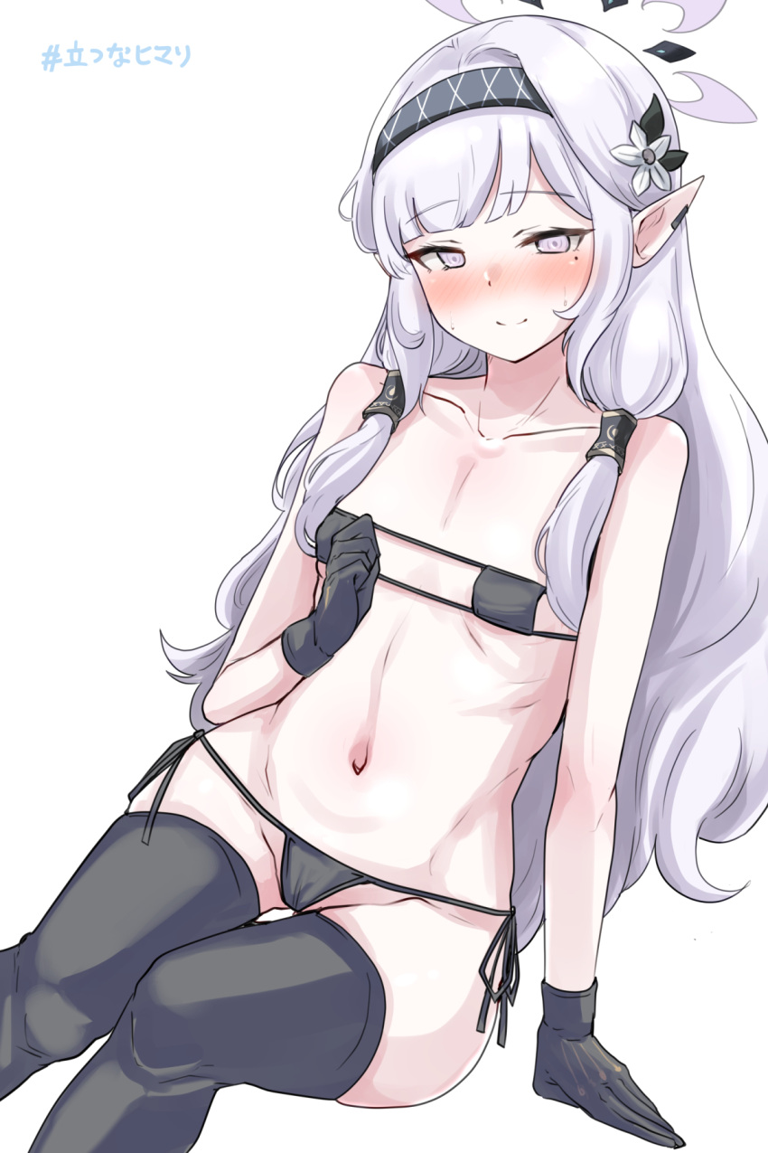 1girl bikini black_bikini black_gloves black_thighhighs blue_archive blush cameltoe closed_mouth collarbone eyepatch_bikini flower gloves grey_hair hair_flower hair_ornament hair_tubes hairband halo highres himari_(blue_archive) invisible_chair long_hair looking_at_viewer machismo_fuji mole mole_under_eye navel pointy_ears simple_background sitting smile solo swimsuit thighhighs white_background