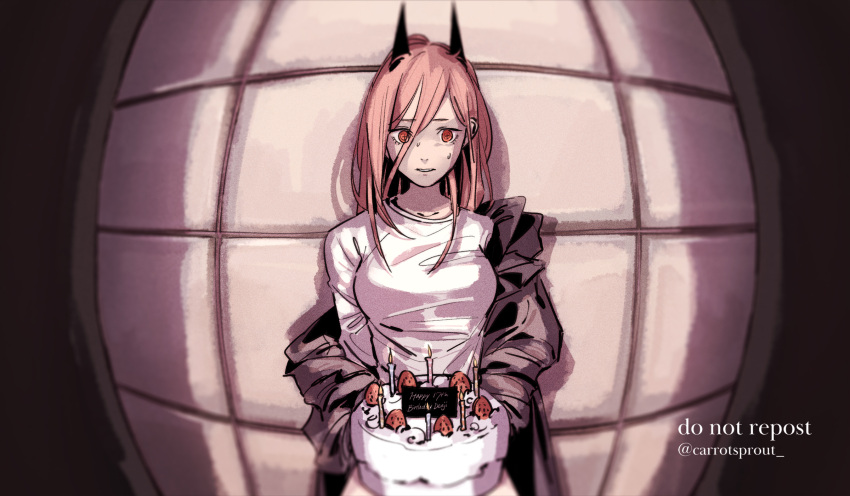 1girl birthday_cake breasts cake carrotsprout chainsaw_man cross-shaped_pupils food fruit hair_between_eyes highres horns jacket jacket_partially_removed lens long_hair looking_at_viewer medium_breasts pink_hair pov power_(chainsaw_man) red_eyes shirt solo strawberry strawberry_shortcake tile_wall tiles white_shirt