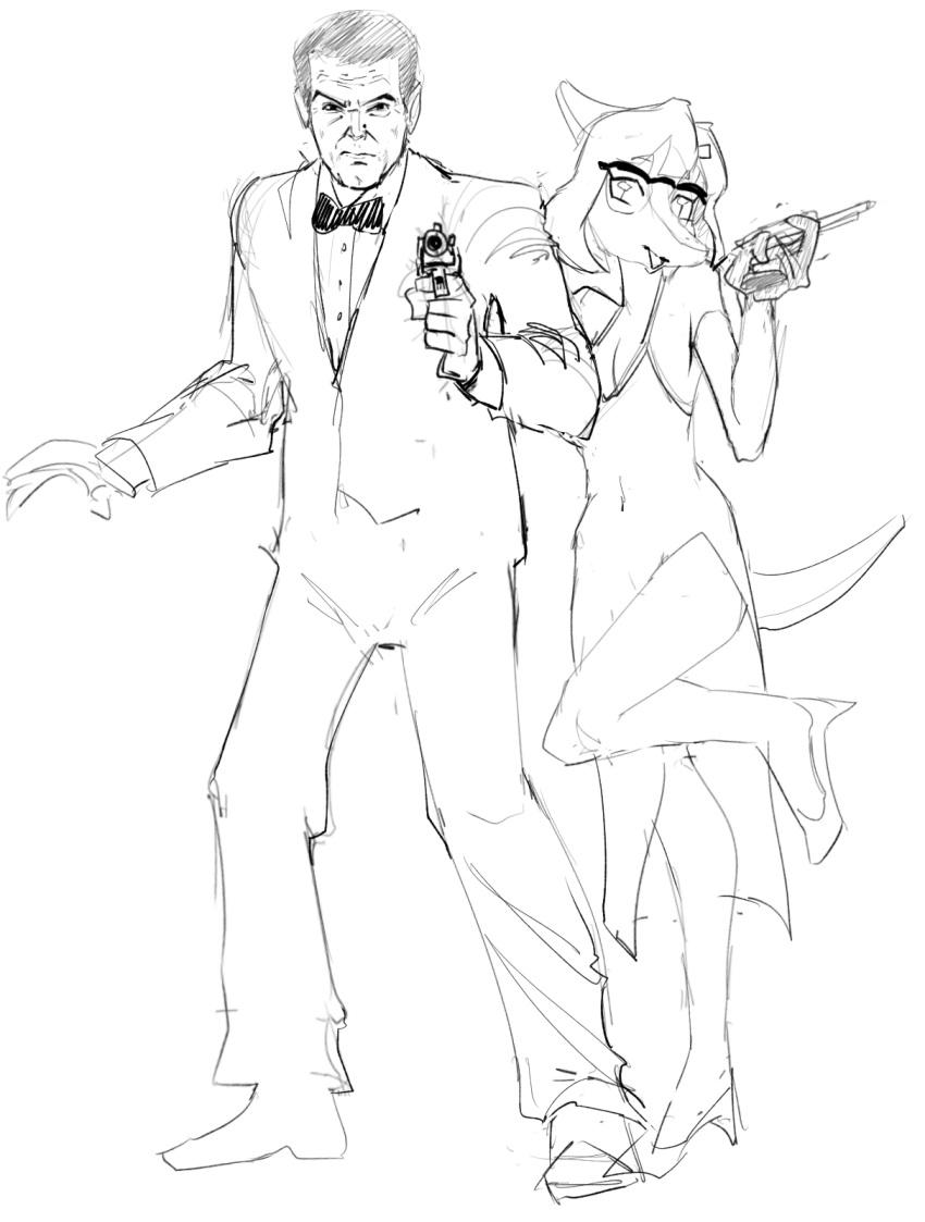 007 age_difference anthro black_tie_(suit) bow_tie cavemanon clothed clothing concept_art dinosaur dress duo eyewear female glasses goodbye_volcano_high gun hadrosaurid hair handgun hi_res human humanoid james_bond long_snout looking_at_viewer male mammal monochrome naomi_(gvh) older_male open_mouth ornithischian parasaurolophus pistol pose ranged_weapon reptile scalie short_hair sketch snoot_game_(fan_game) snout suit video_games weapon