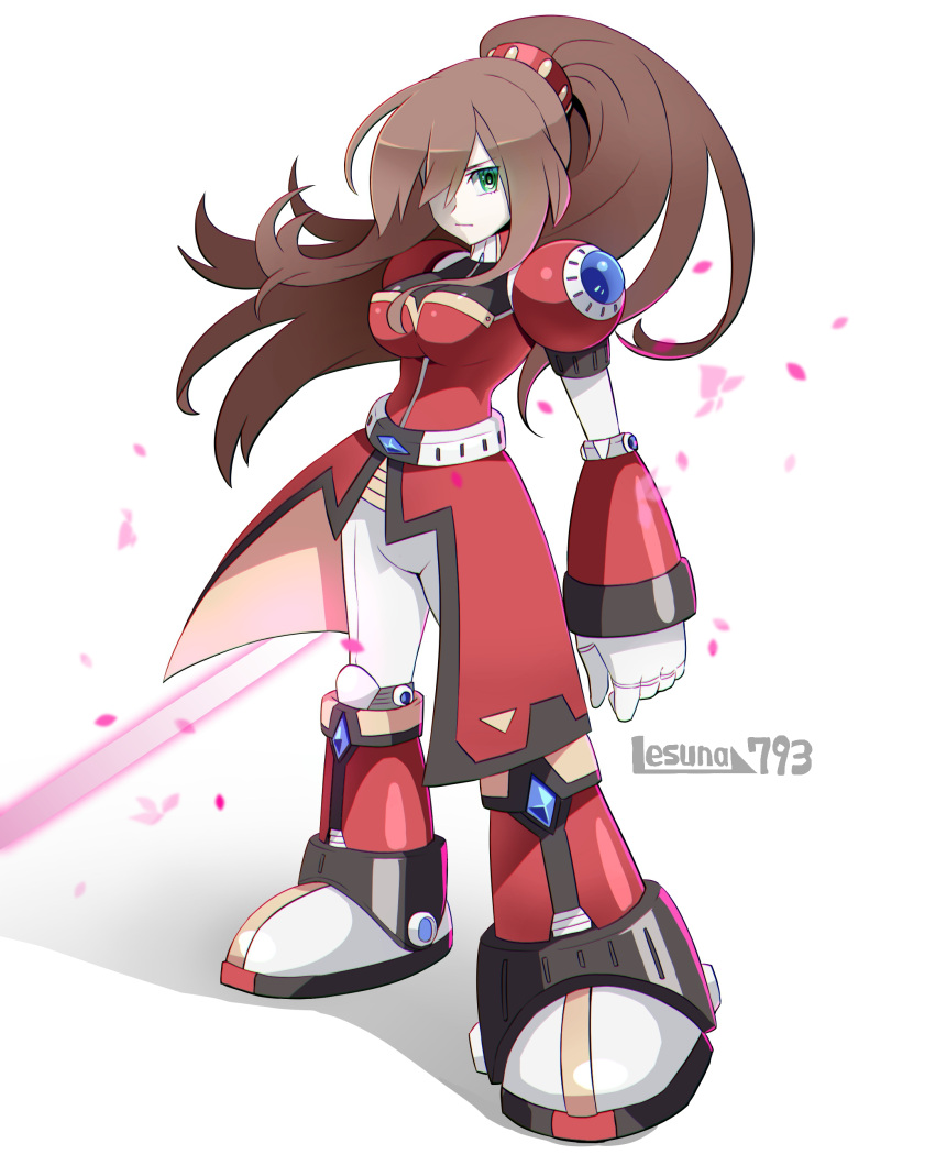 1girl absurdres android breasts brown_hair energy_sword full_body green_eyes hair_over_one_eye high_ponytail highres iris_(mega_man) large_breasts lesuna long_hair mega_man_(series) mega_man_x4 mega_man_x_(series) mega_man_x_dive petals red_skirt skirt solo sword weapon