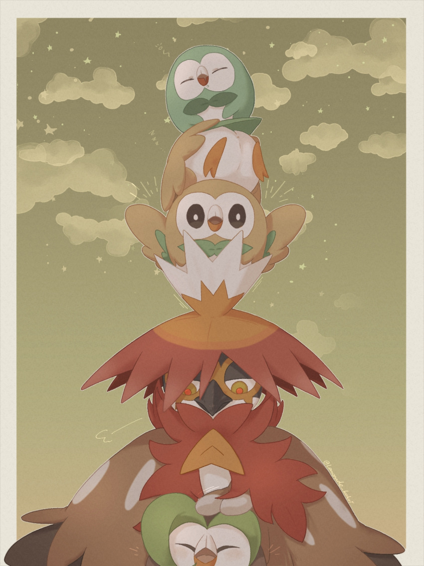 1other =3 ^_^ alternate_color artist_name beak bird black_eyes blush body_fur bright_pupils brown_fur closed_eyes closed_mouth commentary_request dartrix drooling evolutionary_line facing_viewer full_body furry gradient gradient_background gradient_sky half-closed_eyes hand_on_another's_head headpat highres hisuian_decidueye lemonade_kokoi light_blush looking_down lying multicolored_fur notice_lines on_head on_stomach open_mouth other_focus outdoors outline partial_commentary pokemon pokemon_(creature) pokemon_on_head red_fur red_pupils rowlet saliva shiny_pokemon signature sky sleeping standing star_(symbol) straight-on twitter_username upper_body white_fur white_outline white_pupils x_anus yellow_eyes yellow_sky zzz