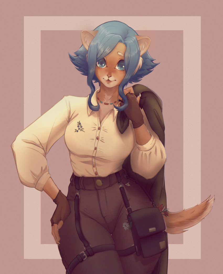 2021 anthro biped blue_eyes blue_hair bottomwear clothed clothing digital_media_(artwork) domestic_cat dress_shirt felid feline felis female fingerless_gloves fully_clothed gloves hair hand_on_hip handwear hi_res holding_clothing holding_object inner_ear_fluff looking_at_viewer mammal mitzi_(onomari) onomari pants shaded shirt simple_background solo topwear tuft