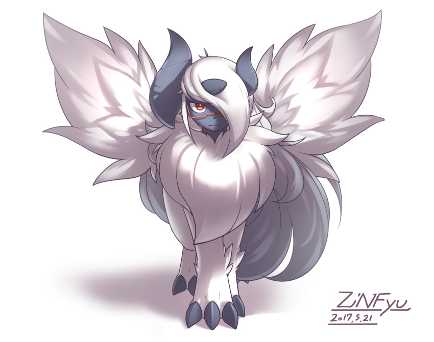 :3 absol animal_focus artist_name bangs bright_pupils claws closed_mouth commentary dated dated_commentary expressionless feathered_wings fluffy full_body fur_collar glasses hair_over_one_eye highres long_hair looking_at_viewer mega_absol mega_pokemon no_humans one_eye_covered pokemon pokemon_(creature) red-framed_eyewear red_eyes semi-rimless_eyewear signature simple_background solo standing straight-on white_background white_hair white_pupils white_theme white_wings wings zinfyu