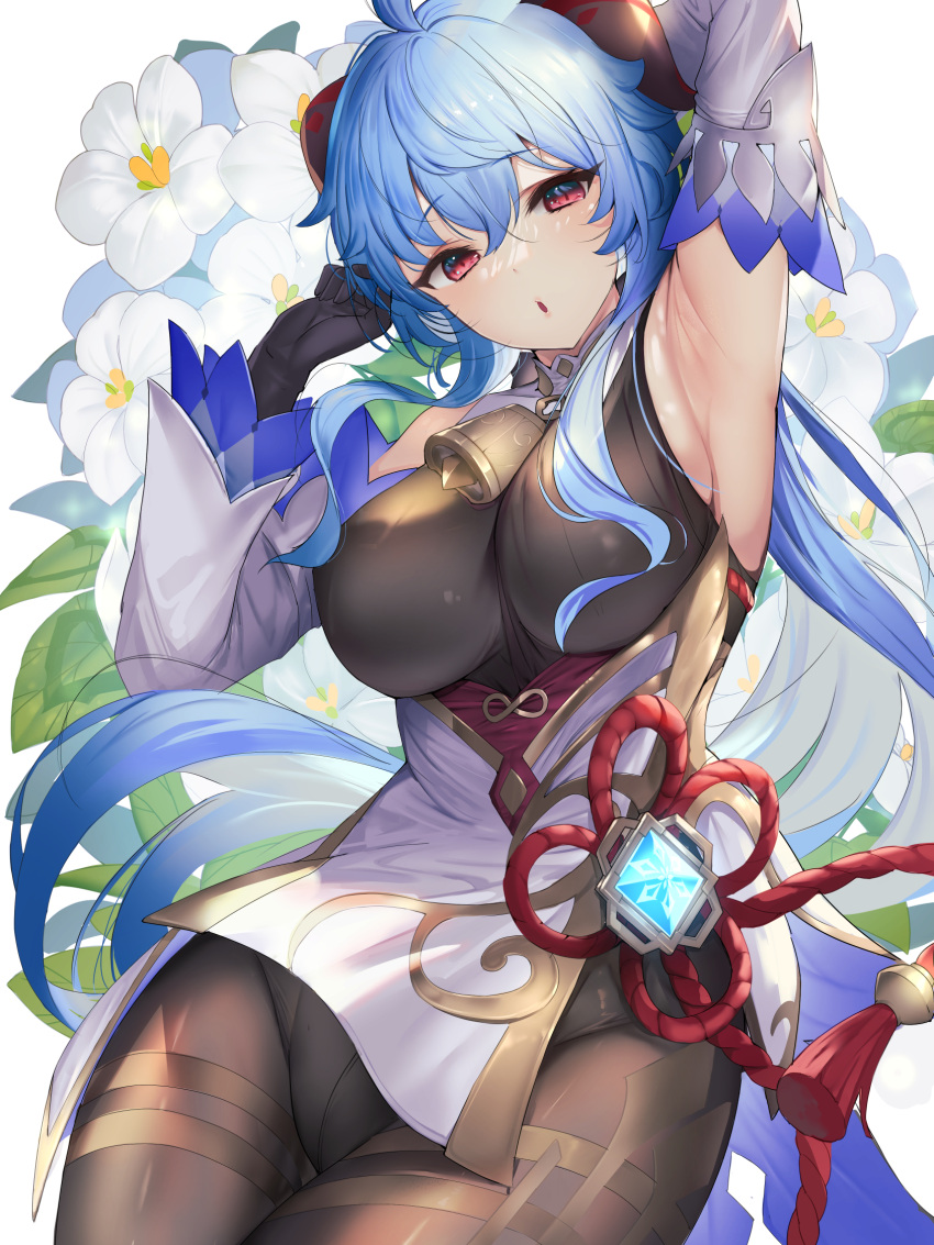 1girl :o ahoge arm_up armpits bangs bare_shoulders bell black_bodysuit black_gloves black_leotard black_pantyhose blue_hair bodystocking bodysuit bodysuit_under_clothes breasts chinese_knot cowbell cowboy_shot detached_collar detached_sleeves floral_background flower ganyu_(genshin_impact) genshin_impact gloves goat_horns gold_trim groin hand_up highres horns large_breasts leaf leotard leotard_under_clothes long_hair long_sleeves looking_at_viewer matsumoto_mitsuaki neck_bell pantyhose parted_lips pelvic_curtain ponytail purple_eyes qingxin_flower sidelocks simple_background solo tassel very_long_hair vision_(genshin_impact) white_background white_flower white_sleeves