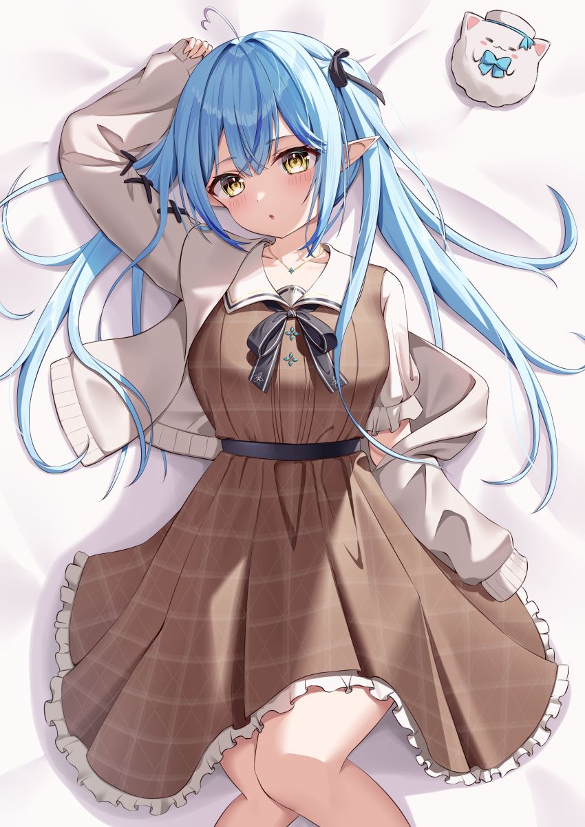1girl absurdres ahoge arm_up bangs black_ribbon blue_hair blush brown_dress collared_shirt colored_tips crossed_bangs dress frilled_dress frills hair_ribbon heart heart_ahoge highres hololive jacket jewelry kag_tsukimi long_hair long_sleeves looking_at_viewer lying multicolored_hair necklace off_shoulder on_back open_clothes open_jacket open_mouth plaid plaid_dress pointy_ears ribbon shirt shirt_under_dress sidelocks sleeves_past_wrists solo streaked_hair virtual_youtuber white_jacket yellow_eyes yukihana_lamy yukimin_(yukihana_lamy)