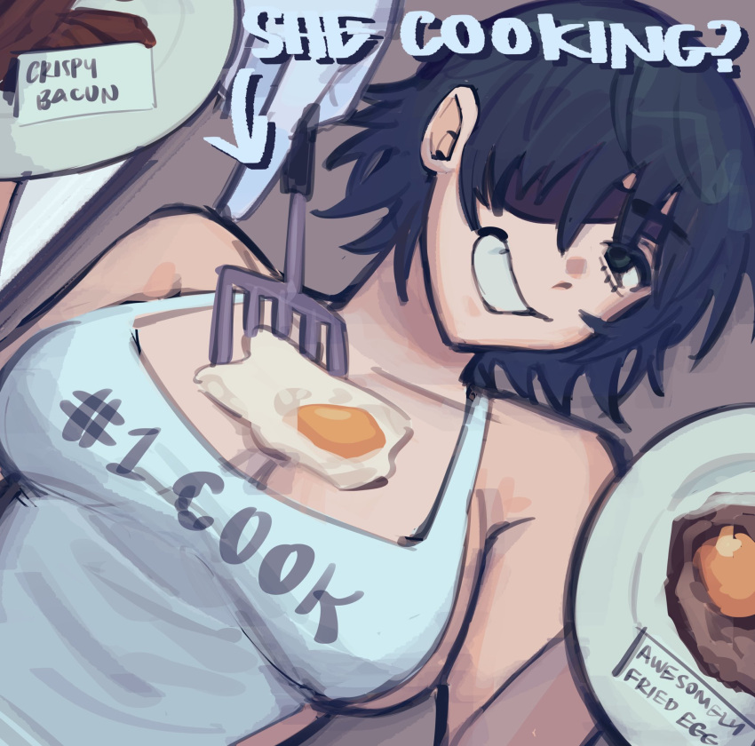 1girl apron bacon black_hair breasts brown_background chainsaw_man egg eyepatch food food_on_body food_on_breasts fried_egg green_eyes highres himeno_(chainsaw_man) large_breasts liowig looking_at_viewer meme_attire nude plate short_hair smile solo spatula