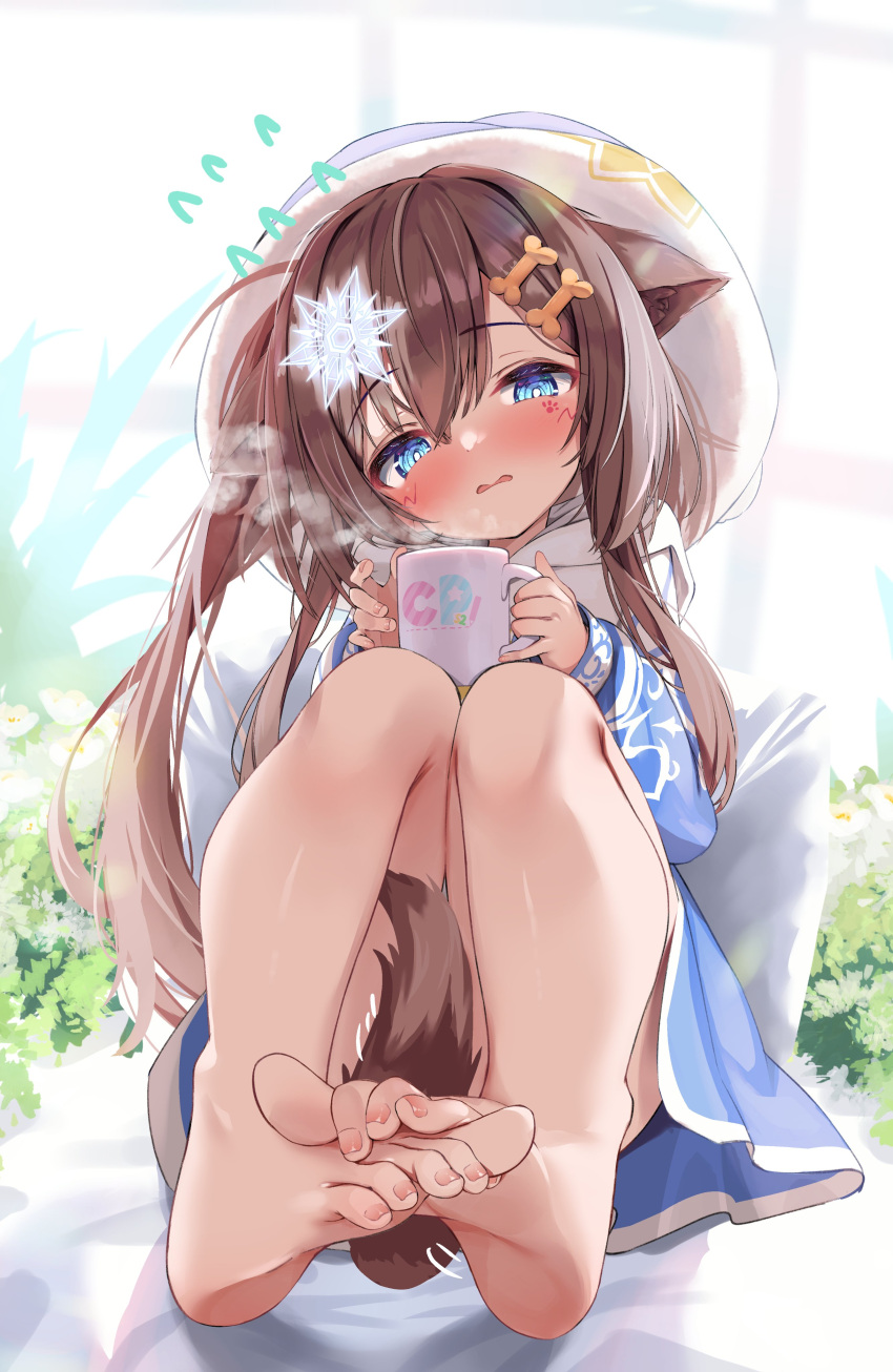 1girl absurdres animal_ears bare_legs barefoot between_legs blue_dress blue_eyes blush bone_hair_ornament brown_hair commission cup dog_ears dog_girl dog_tail dress embarrassed full_body fur-trimmed_headwear hair_ornament hat highres long_hair long_sleeves looking_at_viewer mug nyahu_(nyahu_77) second-party_source skeb_commission snowflake_hair_ornament steam tail tail_between_legs tail_censor vrchat