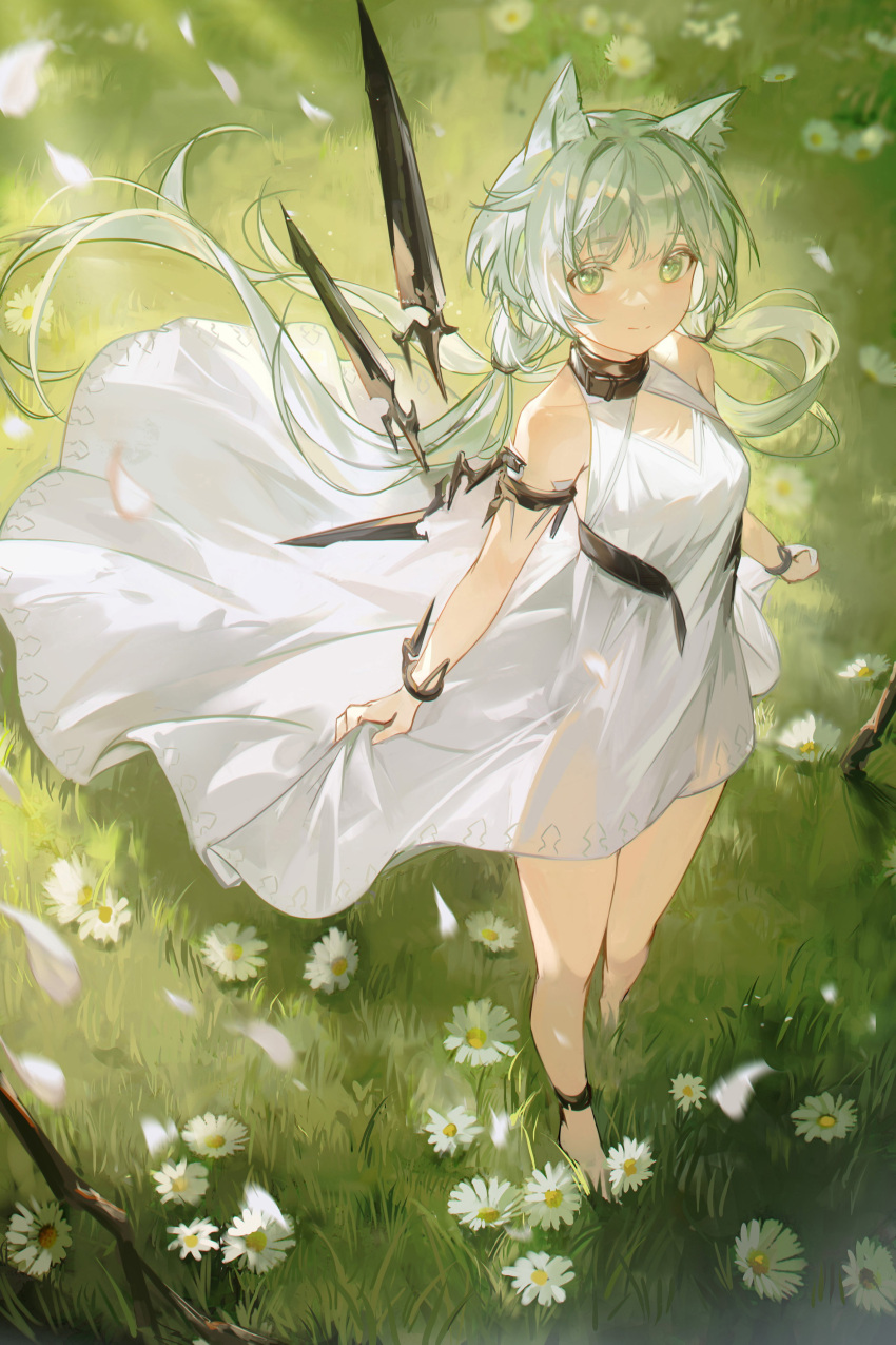 1girl absurdres animal_ear_fluff animal_ears arknights barefoot cat_ears collar cuffs dress ergouzi_echo flower grass green_eyes highres long_hair low_twintails mechanical_wings official_alternate_costume rosmontis_(arknights) rosmontis_(become_anew)_(arknights) sleeveless sleeveless_dress smile solo twintails very_long_hair white_dress white_flower white_hair wings