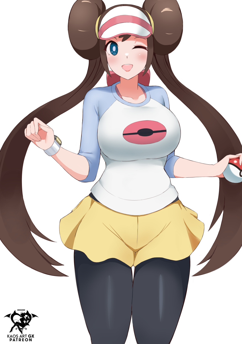 1girl ;d absurdres artist_name black_pantyhose blue_eyes breasts brown_hair collarbone double_bun doughnut_hair_bun fingernails hair_bun highres holding holding_poke_ball kaos_art large_breasts legwear_under_shorts long_hair one_eye_closed pantyhose patreon_username poke_ball pokemon pokemon_(game) pokemon_bw2 raglan_sleeves rosa_(pokemon) shorts smile solo twintails visor_cap yellow_shorts