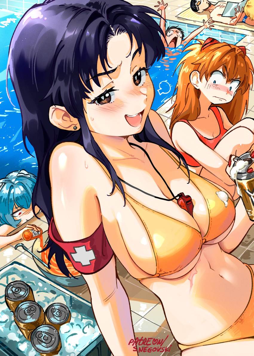 2boys 4girls absurdres akagi_ritsuko asphyxiation ayanami_rei beard beer_can bikini blue_eyes blue_hair blush breast_envy breasts can closed_mouth drowning earrings facial_hair glasses highres ice ikari_gendou ikari_shinji jewelry katsuragi_misato multiple_boys multiple_girls navel neon_genesis_evangelion open_mouth orange_hair pool purple_hair red_bikini scar snegovski souryuu_asuka_langley swimsuit teeth water when_you_see_it yellow_bikini