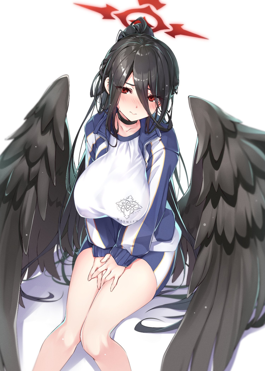 1girl black_choker black_hair black_wings blue_archive blush breasts choker feathered_wings gym_uniform hair_between_eyes hasumi_(blue_archive) hasumi_(gym_uniform)_(blue_archive) highres jacket large_breasts large_wings long_hair looking_at_viewer moeki_yuuta mole mole_under_eye official_alternate_costume partially_unzipped ponytail red_eyes shirt sitting solo sportswear track_jacket very_long_hair white_background white_shirt wings