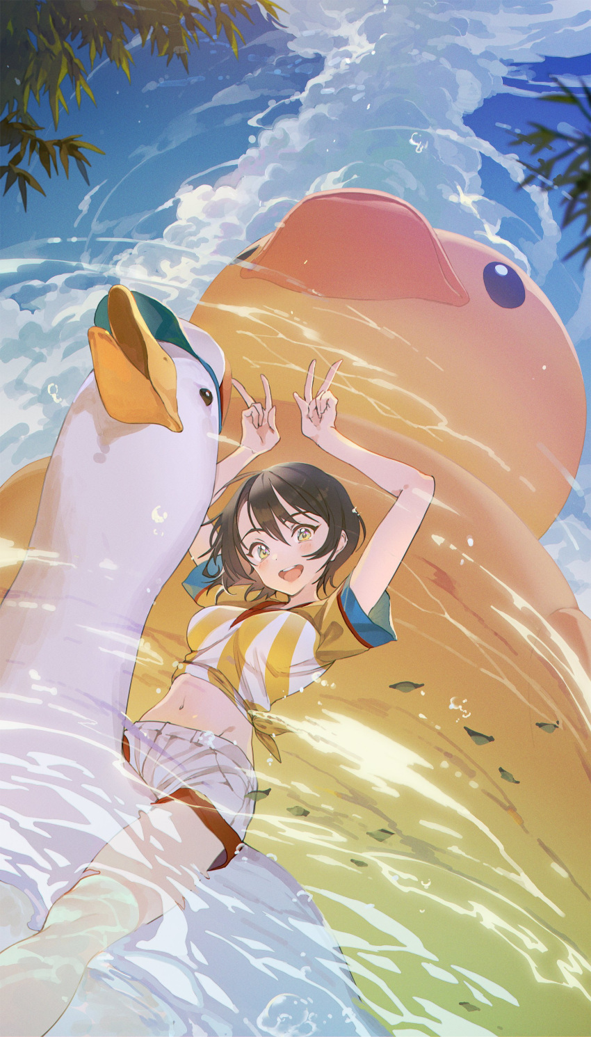 1girl absurdres black_hair blue_sky cloud cloudy_sky double_v feet_out_of_frame from_below green_eyes hands_up highres hololive hxxg looking_at_viewer navel oozora_subaru open_mouth riding rubber_duck shiny shiny_hair shirt short_hair short_sleeves shorts sky smile solo striped striped_shirt subaru_duck tree v vertical-striped_shirt vertical_stripes white_shirt white_shorts yellow_shirt