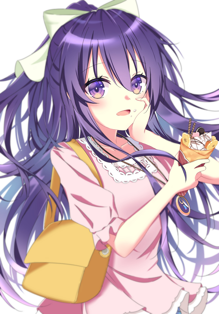 1girl absurdres akar1 bag crepe date_a_live dress food hair_between_eyes hair_ribbon hand_on_own_cheek hand_on_own_face handbag highres holding holding_food long_hair looking_at_viewer open_mouth pink_dress purple_eyes purple_hair ribbon solo white_background yatogami_tooka