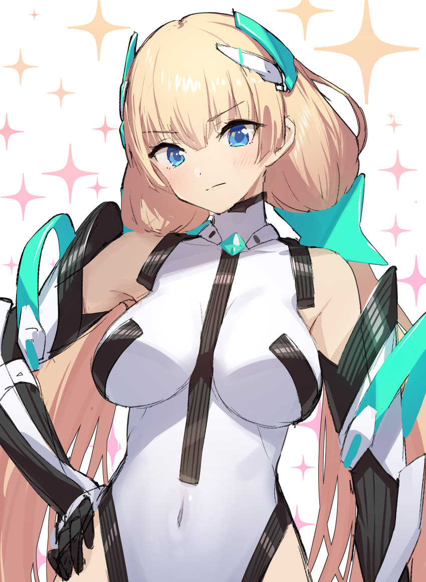 1girl absurdres angela_balzac bangs bare_shoulders blonde_hair blue_eyes blush breasts commentary covered_navel deva_battle_suit elbow_gloves gloves green322 hand_on_hip headgear highleg highleg_leotard highres large_breasts leotard long_hair looking_at_viewer low_twintails rakuen_tsuihou simple_background solo twintails very_long_hair