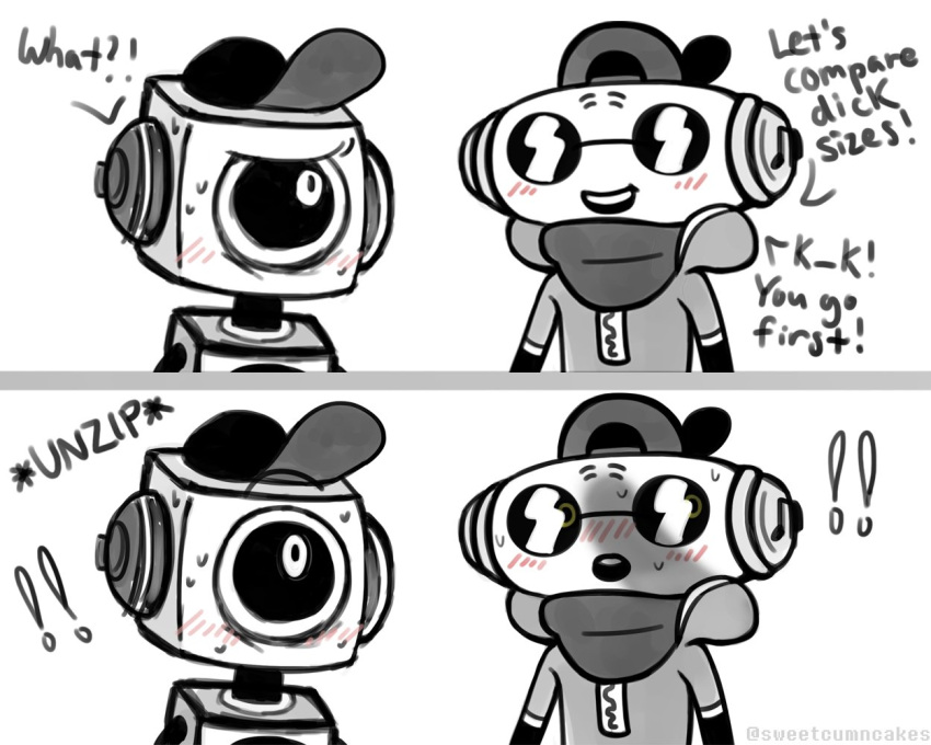 1_eye 2021 backwards_baseball_cap backwards_hat baseball_cap blush bodily_fluids cap'n_(deltarune) clothing deltarune dialogue english_text exclamation_point eyewear hat headgear headwear humanoid machine male metallic_body not_furry onomatopoeia open_mouth open_smile penis_shadow robot robot_humanoid simple_background smile sound_effects sunglasses sweat sweet_(deltarune) sweetcumncakes teeth text undertale_(series) unzipping video_games white_background