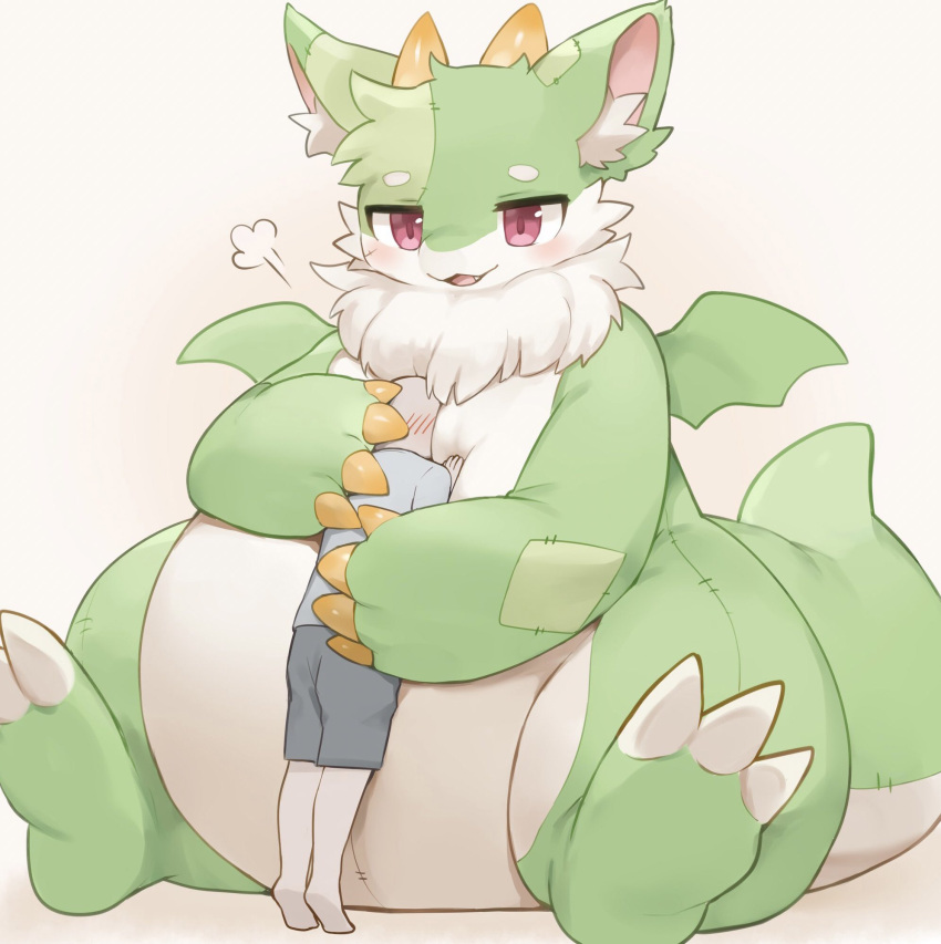 2022 ambiguous_gender animate_inanimate anthro belly belly_squish big_belly blush cheek_tuft claws cuddling cute_fangs dragon duo emanata embrace erumeruta facial_tuft fluffy full-length_portrait fur green_body hi_res horn hug human inner_ear_fluff living_plushie mammal neck_tuft patch_(fabric) patchwork plushie portrait red_eyes sitting size_difference small_wings smile squish standing stitch_(sewing) thick_thighs tuft white_body white_fur wings