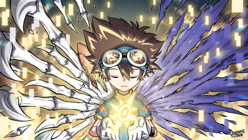 1boy akamine_naoki bangs blue_shirt brown_hair closed_eyes digimon digimon_adventure gloves goggles goggles_on_head gradient gradient_background hands_up highres ishida_yamato male_focus metalgreymon mismatched_wings parted_lips shiny shiny_hair shirt short_sleeves skeletal_wings skullgreymon solo teeth torn_wings upper_body white_gloves wings