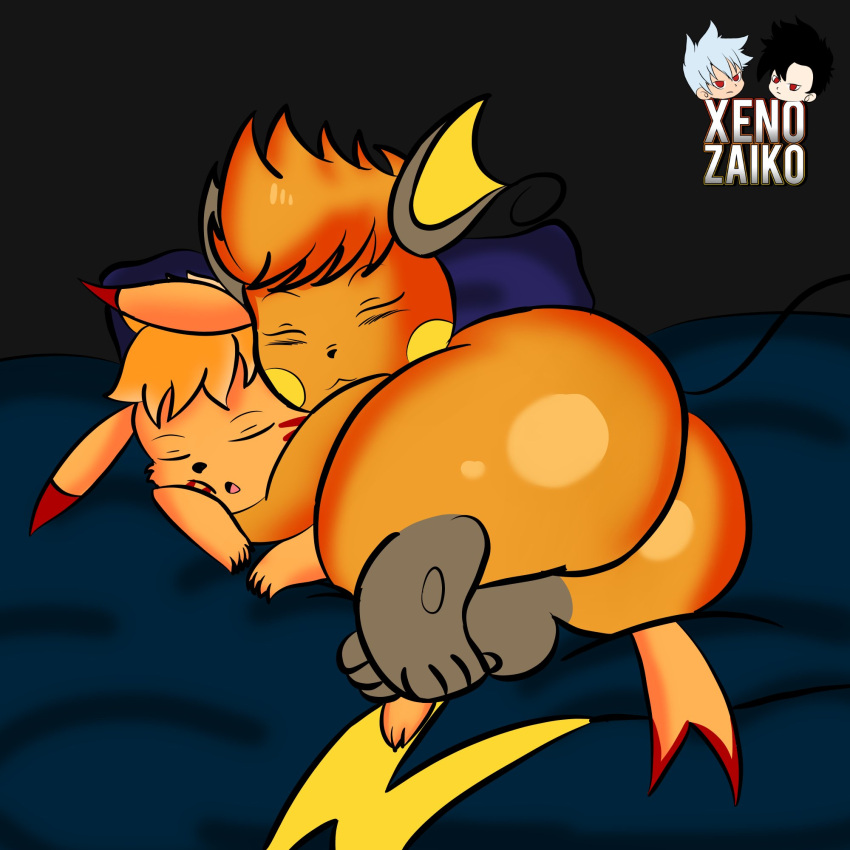 1:1 anthro big_butt blake_(xenozaiko) butt duo female generation_1_pokemon hair hi_res lying male male/female mammal mouse murid murine nintendo nude orange_body orange_hair pikachu pokemon pokemon_(species) raichu rodent sleeping video_games xenozaiko