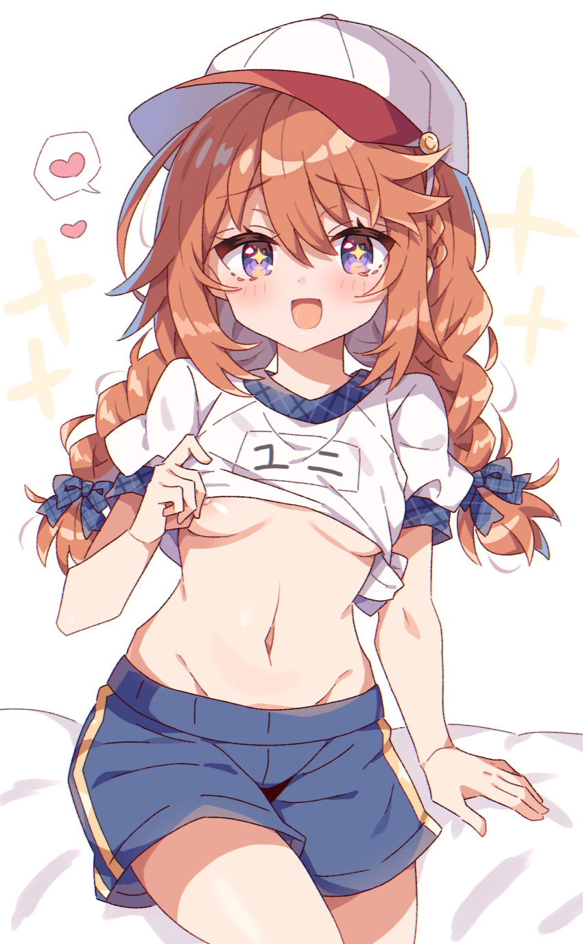 +_+ 1girl :d bangs baseball_bat blue_bow blue_shorts bow braid breasts gym_uniform hair_bow heart hi_(pontolfo) highres lifted_by_self looking_at_viewer navel nipple_slip nipples open_mouth orange_hair princess_connect! school_uniform shirt short_sleeves shorts small_breasts smile solo spoken_heart st._theresa's_girls_academy_school_uniform twin_braids white_shirt yuni_(princess_connect!)