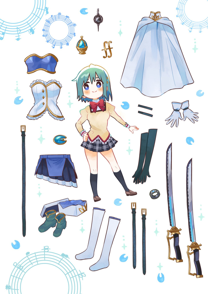 1girl ankle_boots bare_shoulders belt black_skirt black_socks blue_belt blue_eyes blue_footwear blue_gloves blue_hair blue_skirt boots bow bowtie brown_footwear cape chibi closed_mouth commentary elbow_gloves facing_viewer gloves grief_seed hair_ornament hairclip hand_on_hip high_collar highres holding holding_cape holding_clothes juliet_sleeves kneehighs loafers long_sleeves looking_away looking_to_the_side mahou_shoujo_madoka_magica miki_sayaka mitakihara_school_uniform musical_note musical_note_hair_ornament plaid plaid_skirt pleated_skirt puffy_sleeves red_bow red_bowtie school_uniform shoes short_hair simple_background skirt smile socks solo soul_gem sword thighhighs weapon white_background white_cape white_gloves white_thighhighs yooki_(winter_cakes) zettai_ryouiki