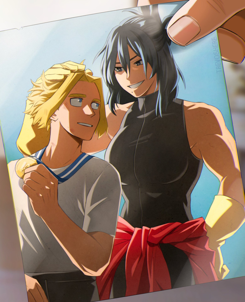 1boy 1girl artist_name bangs bare_shoulders black_hair blue_eyes blue_sailor_collar boku_no_hero_academia breasts clothes_around_waist gloves grin hand_on_another's_head highres holding holding_photo large_breasts long_hair mole mole_under_mouth muscular muscular_female photo_(object) sailor_collar shimura_nana shirt shirt_tucked_in short_sleeves smile sweater sweater_around_waist teeth trevo_(trevoshere) white_shirt yagi_toshinori